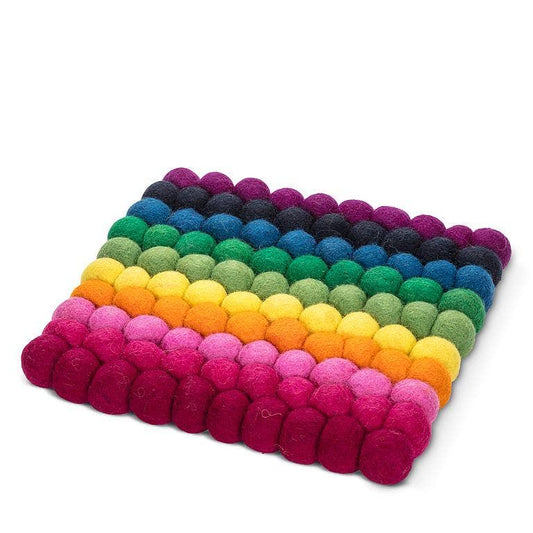 Sq Rainbow Stripe Pompom Trivet-8"Sq