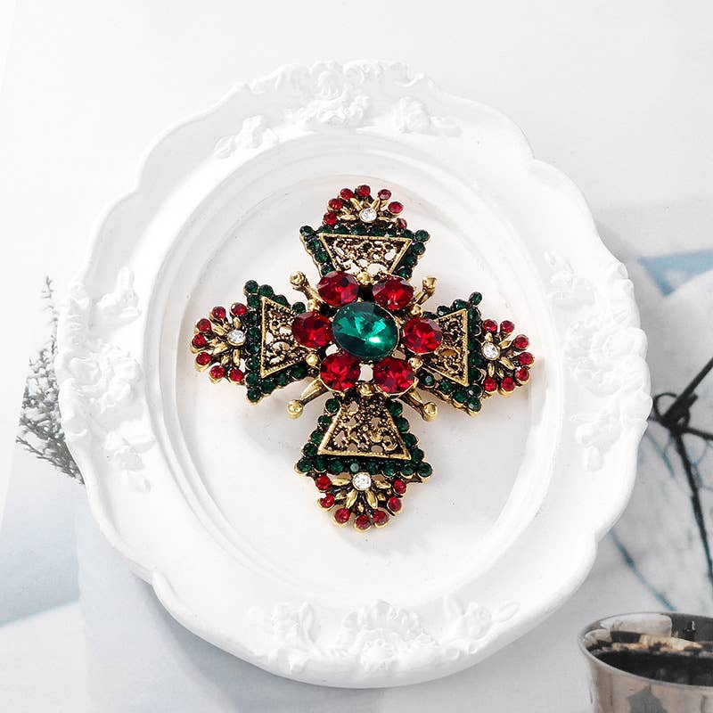 Geometric Rhinestone Cross Vintage Brooch Pin