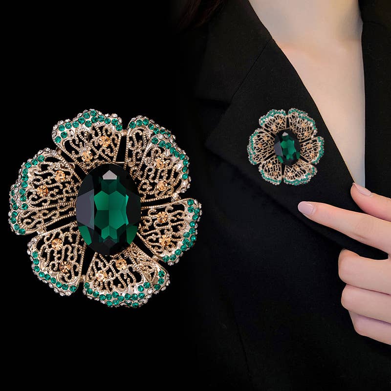 Emerald Crystal Rhinestone Floral Brooch Pin