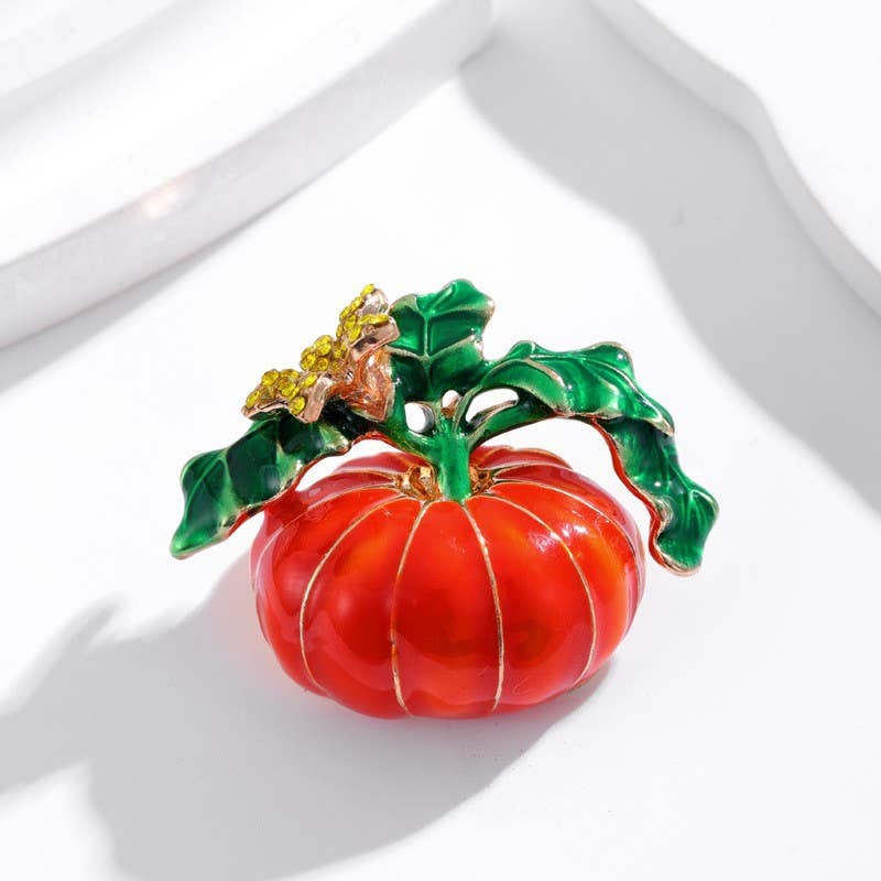Autumn Botanical Pumpkin Brooch with Leaves & Flower
