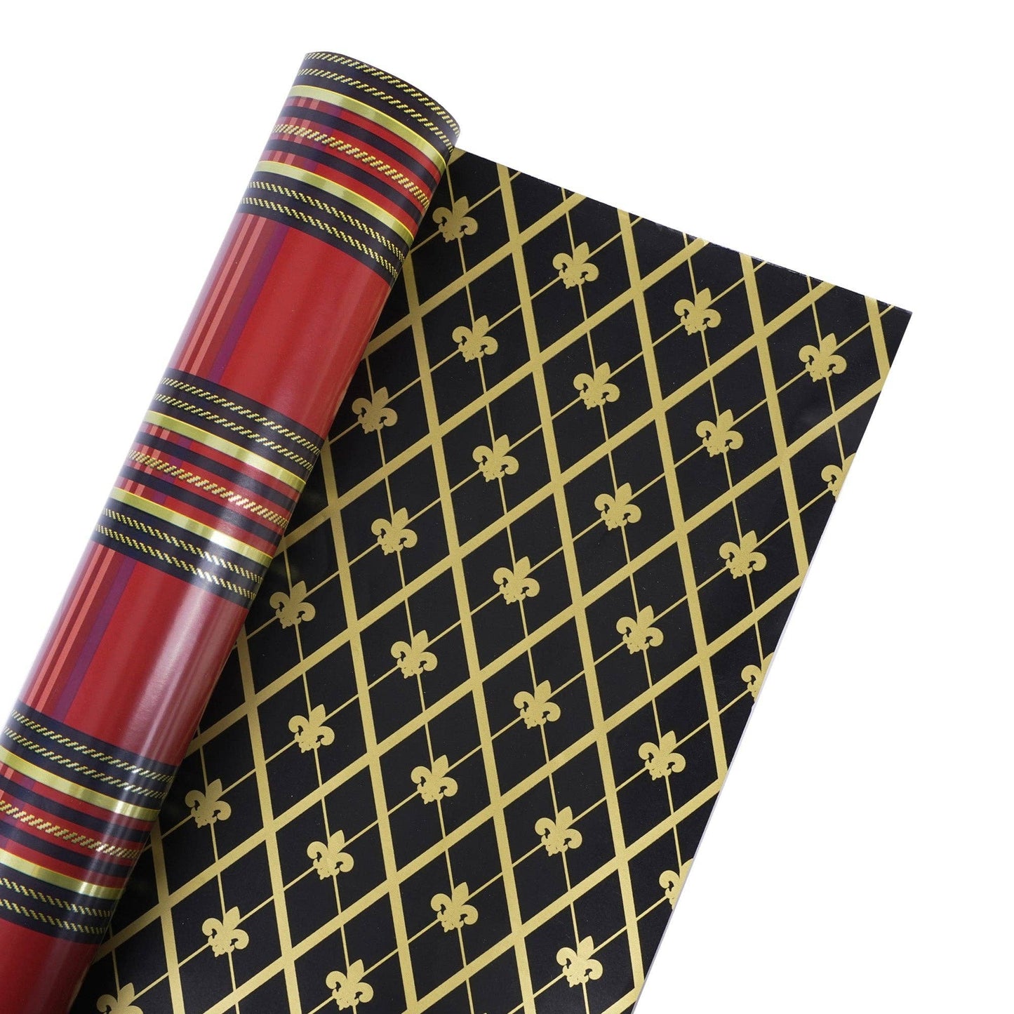 30" x 10' Reversible Holiday Wrapping Paper | Windowpane Plaid/Harlequin Fleur-de-lis
