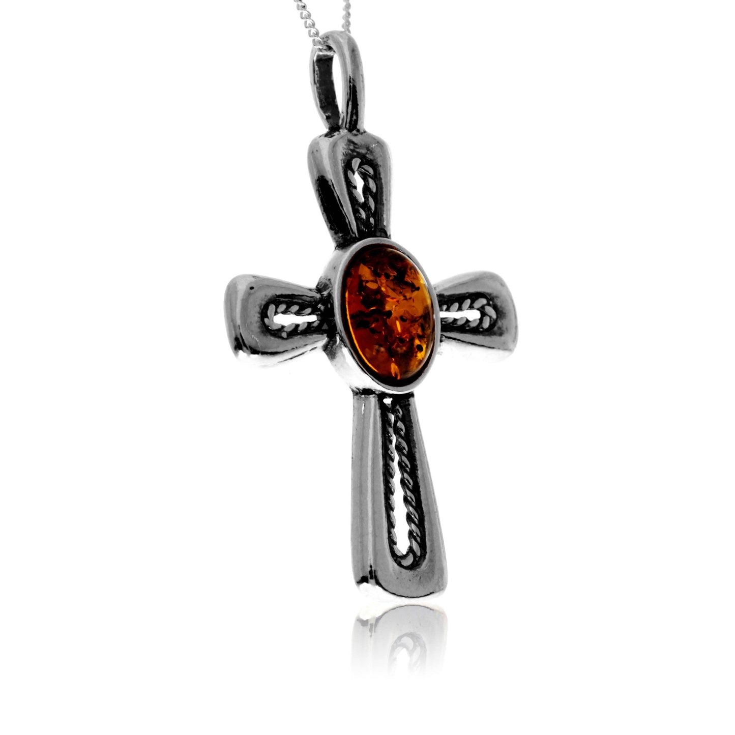 925 Steling Silver & Genuine Baltic Amber Celtic Cross Pendant