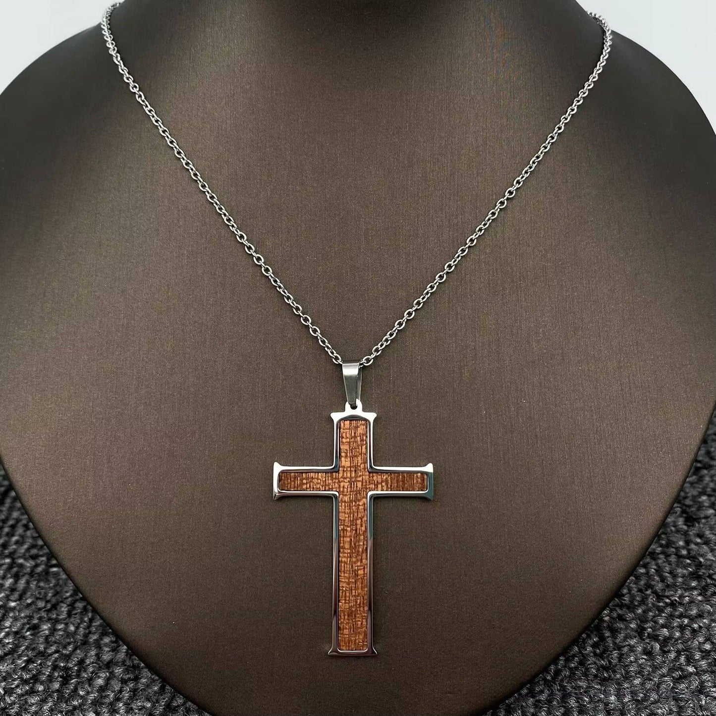 Wood + Stainless Steel Cross Charm Necklace