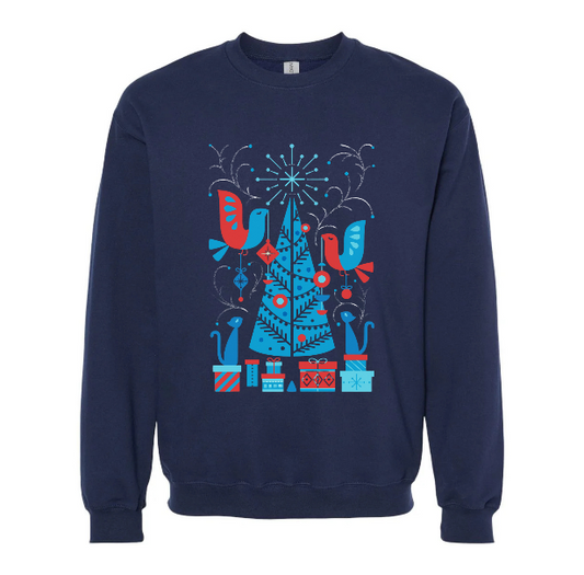 Blue Cats, Birds, and Boxes Christmas Sweatshirt