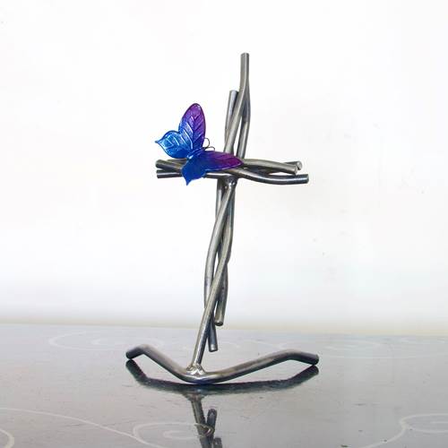 10" Tabletop Butterfly and Vine Cross - Blue and Purple