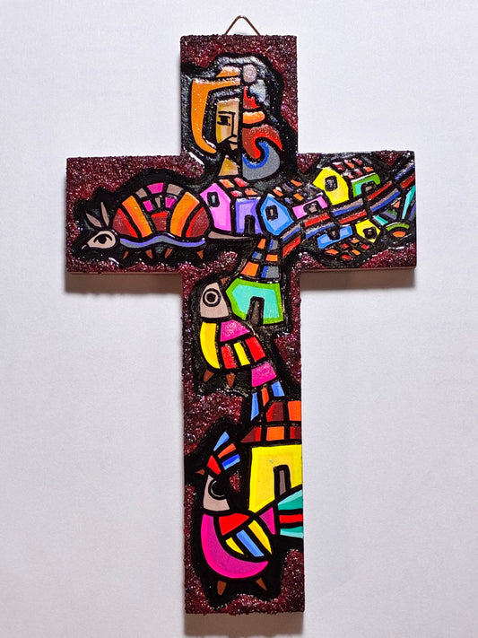 11.5" Multi Colored Wooden Cross - Wine