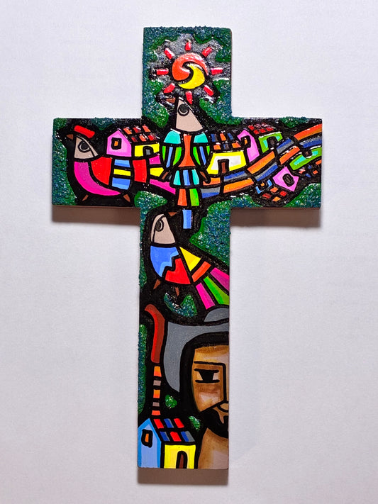 8" Multi Colored Wooden Cross - Green