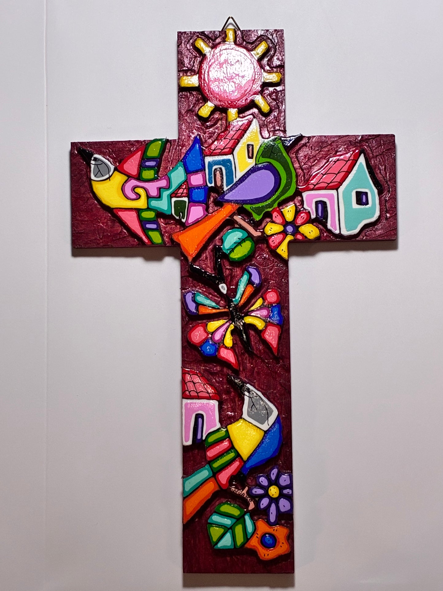 8" Multi Colored Wooden Cross - Wine