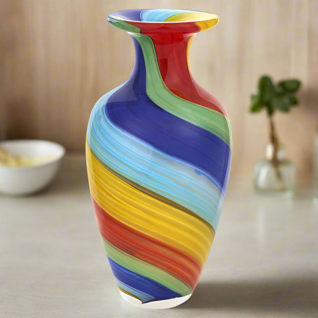 Rainbow Murano Style Art Glass 10.5" Decorative Vase