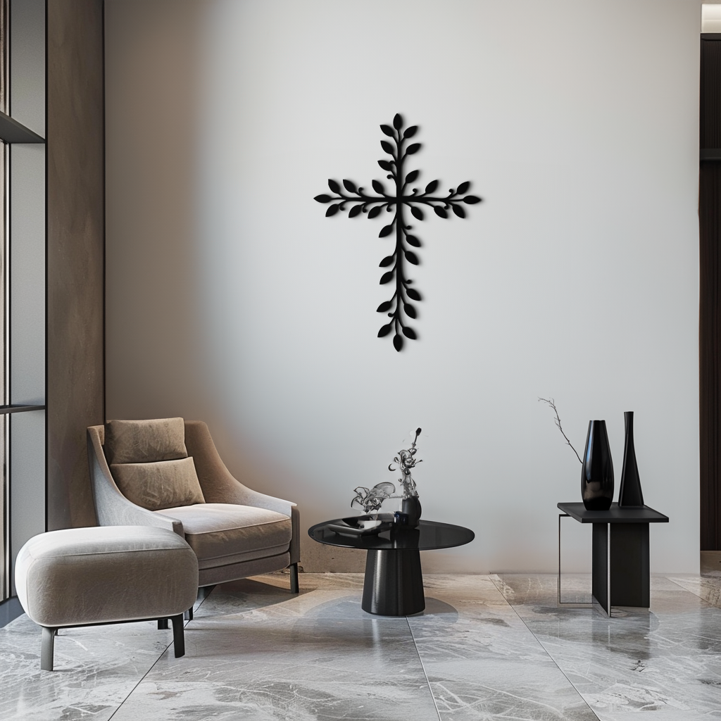 Leaf Cross Metal Wall Art - Elegant Botanical