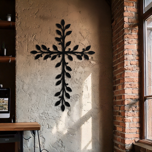 Leaf Cross Metal Wall Art - Elegant Botanical