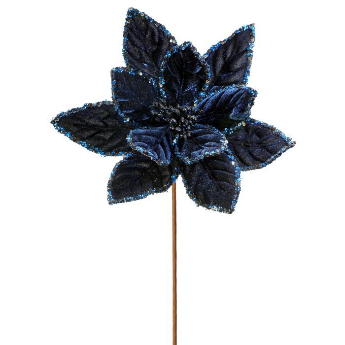 Midnight Blue 24"Sequins Edge Velvet Poinsettia Stem