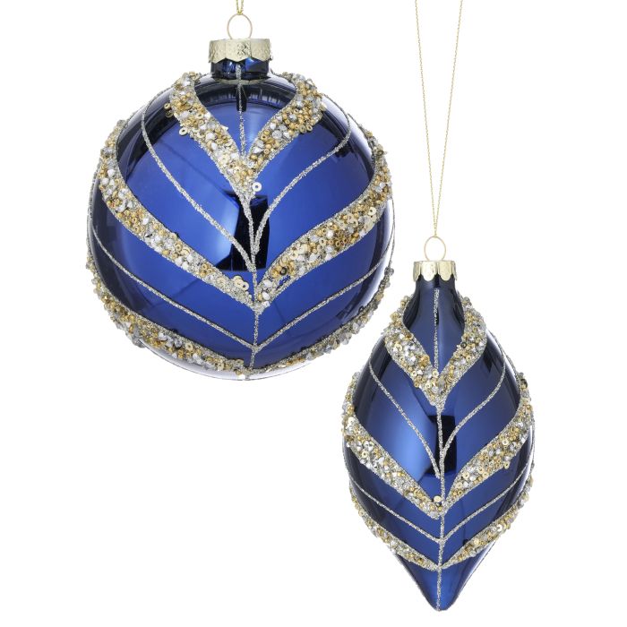 Blue and Gold 4-6" Glass Beaded Leaf Stripe Ornaments