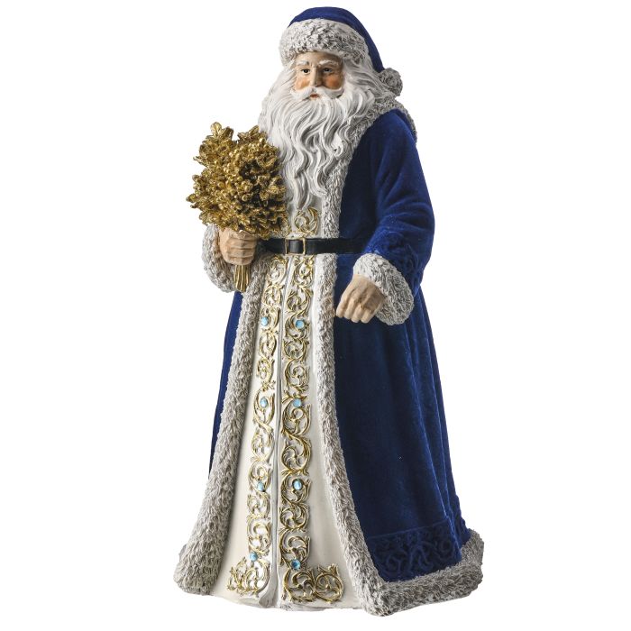 Blue and White 12" Brocade Resin Santa With Holly Bush