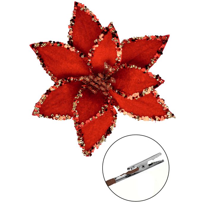 Red 7.5"D Poinsettia /Sequin Edge Clip