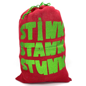 Santa Sack With Glitter Print In Red "STINK, STANK, STUNK" in Jute - Final Clearance