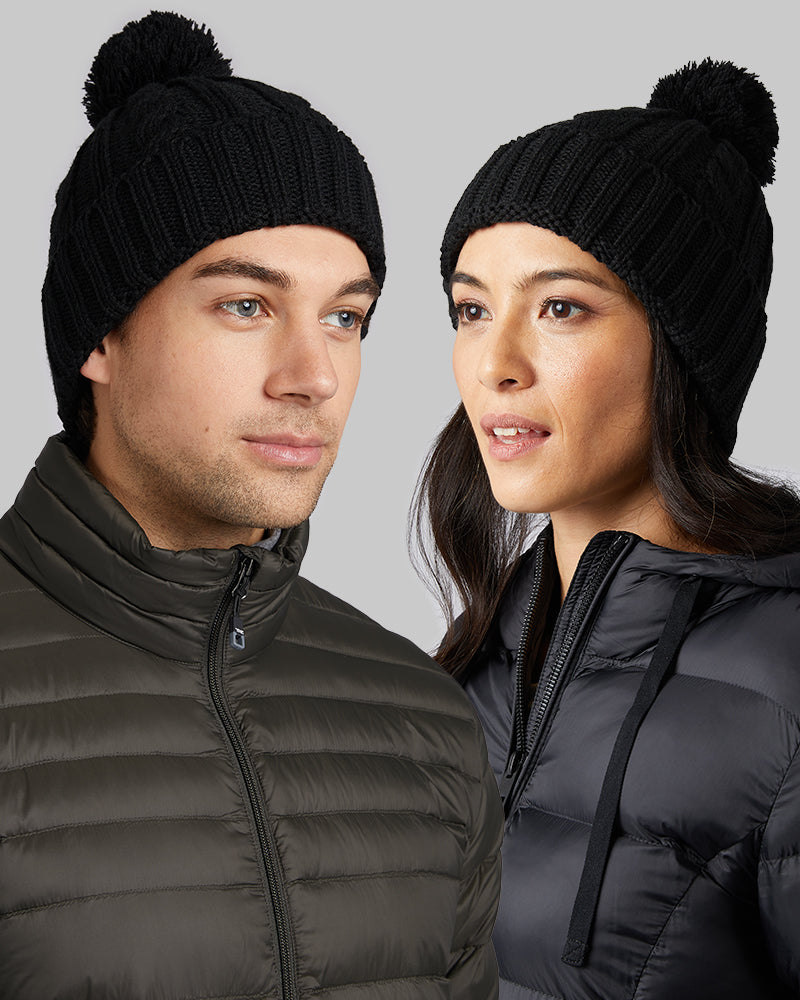 Cable Knit Pom Beanie Black