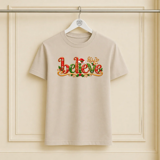"Believe" Sand Color Christmas Shirt