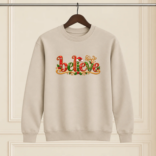 "Believe" Sand Color Christmas Shirt