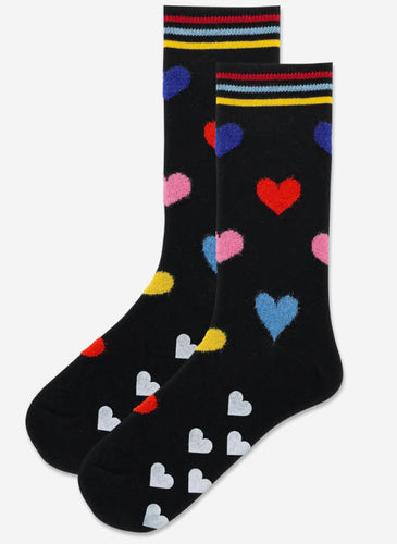 Women's Fuzzy Hearts Non-Skid Crew Socks/Black