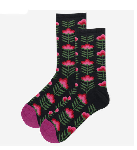 Women's Retro Floral Crew Socks/Blacks