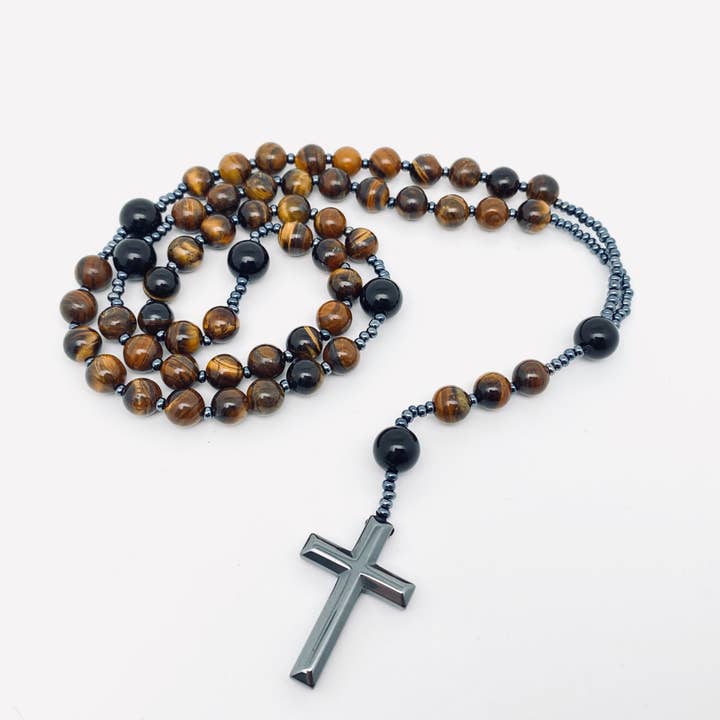 Tiger's Eye Stone Black Agate Beaded Cross Necklace