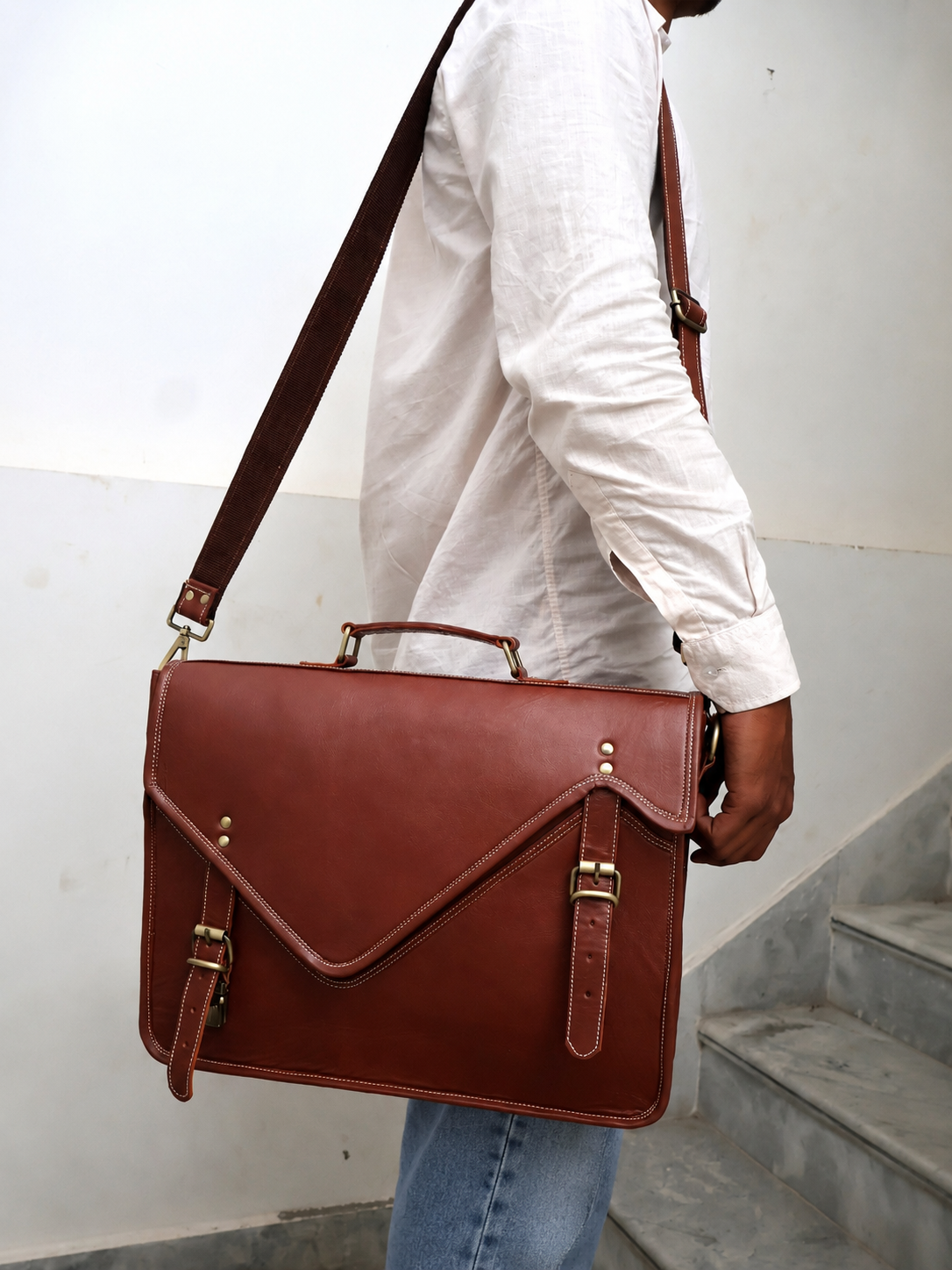Goat Leather Satchel Messenger Bag Vintage Laptop Bag
