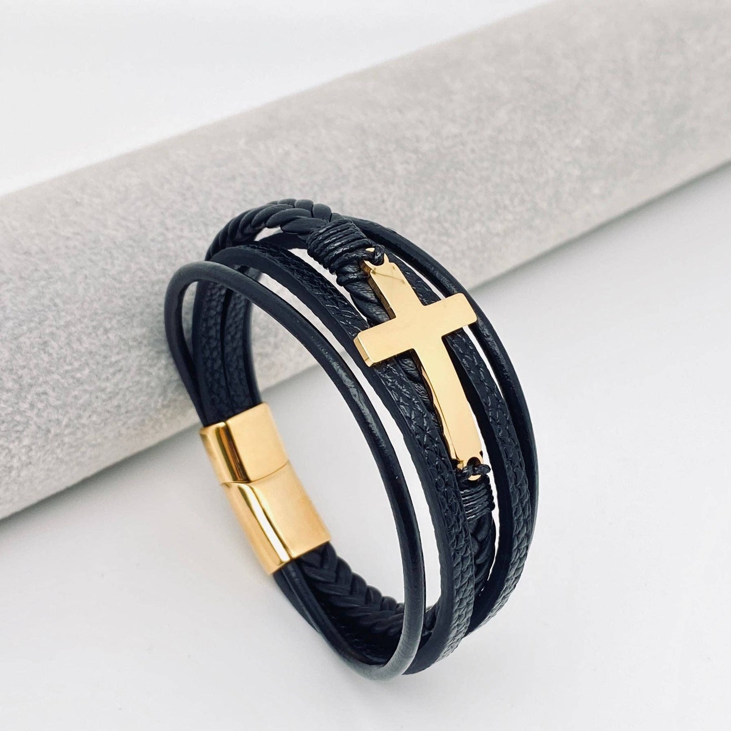 Cross Multi-Layer Woven Leather Bracelet Black