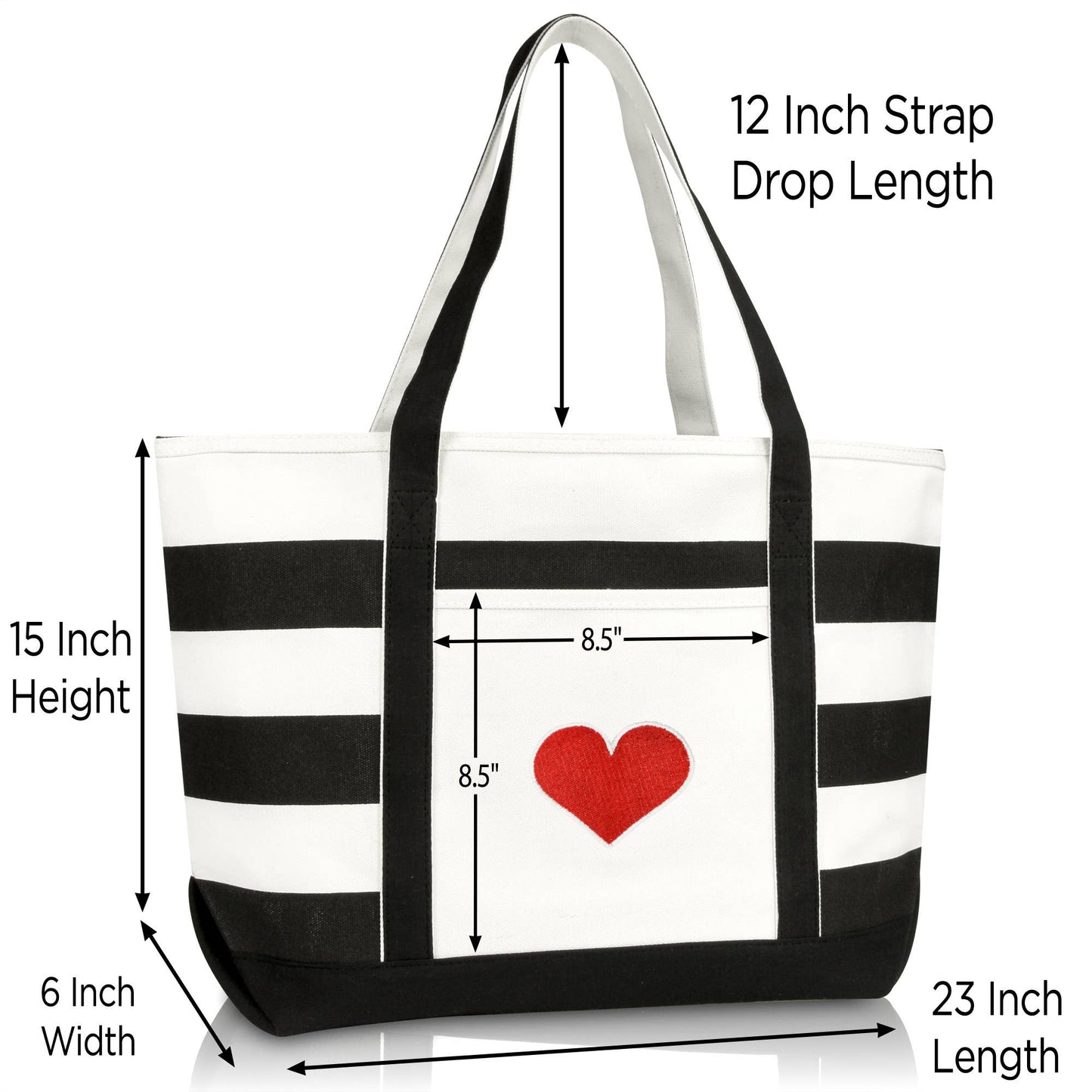 Dalix Love Big Heart Womens Embroidered Striped Tote Bag