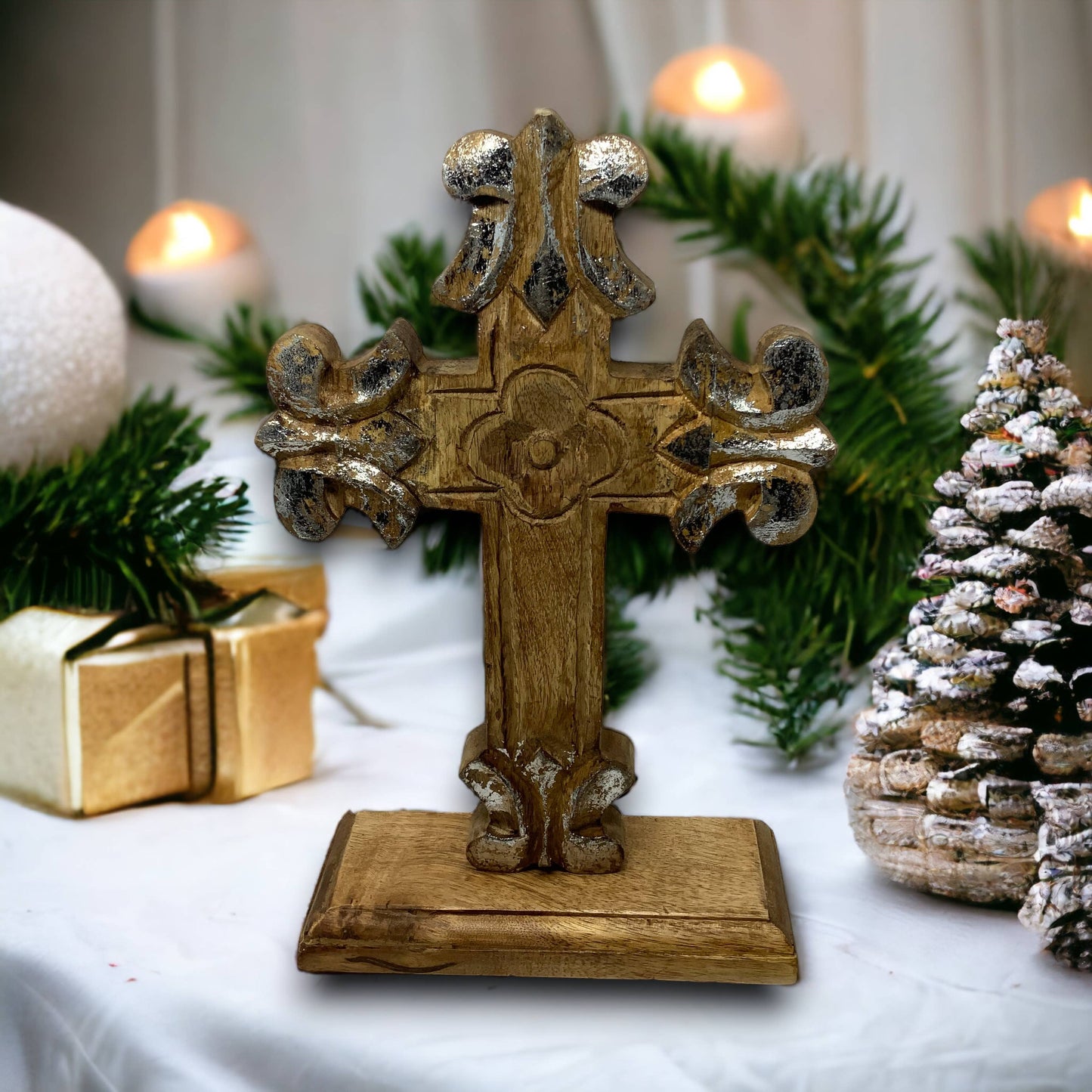 Double Sided Carved Wood St. Charles Table Cross Clearance