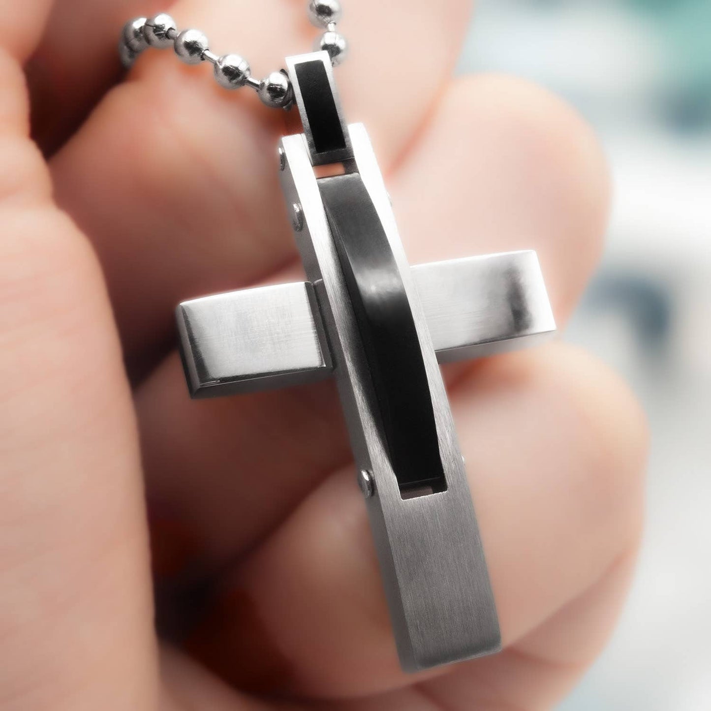 Cross Necklace Stainless Steel and Black Carbon