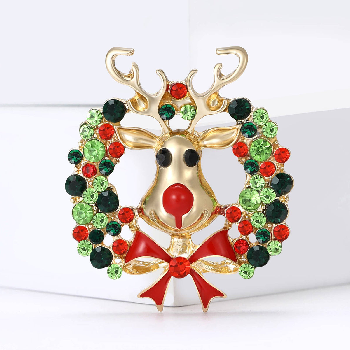 Christmas Reindeer Brooch with Colorful Rhinestone Wreath