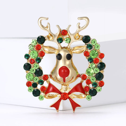 Christmas Reindeer Brooch with Colorful Rhinestone Wreath