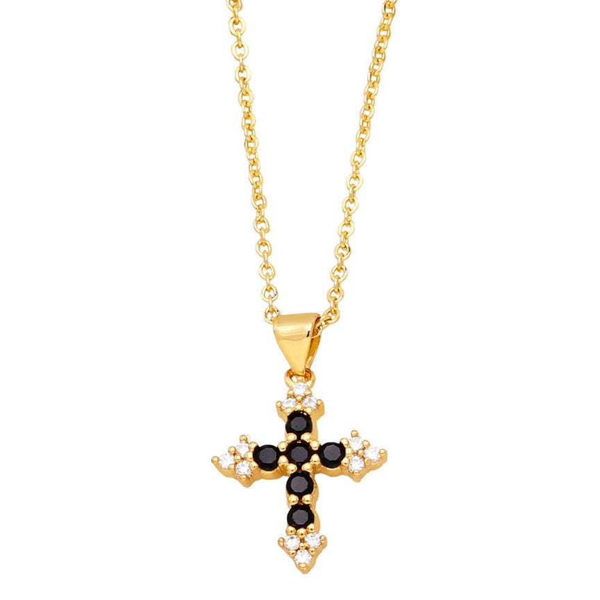 Colorful Cubic Zirconia Cross Pendant Necklace - Black