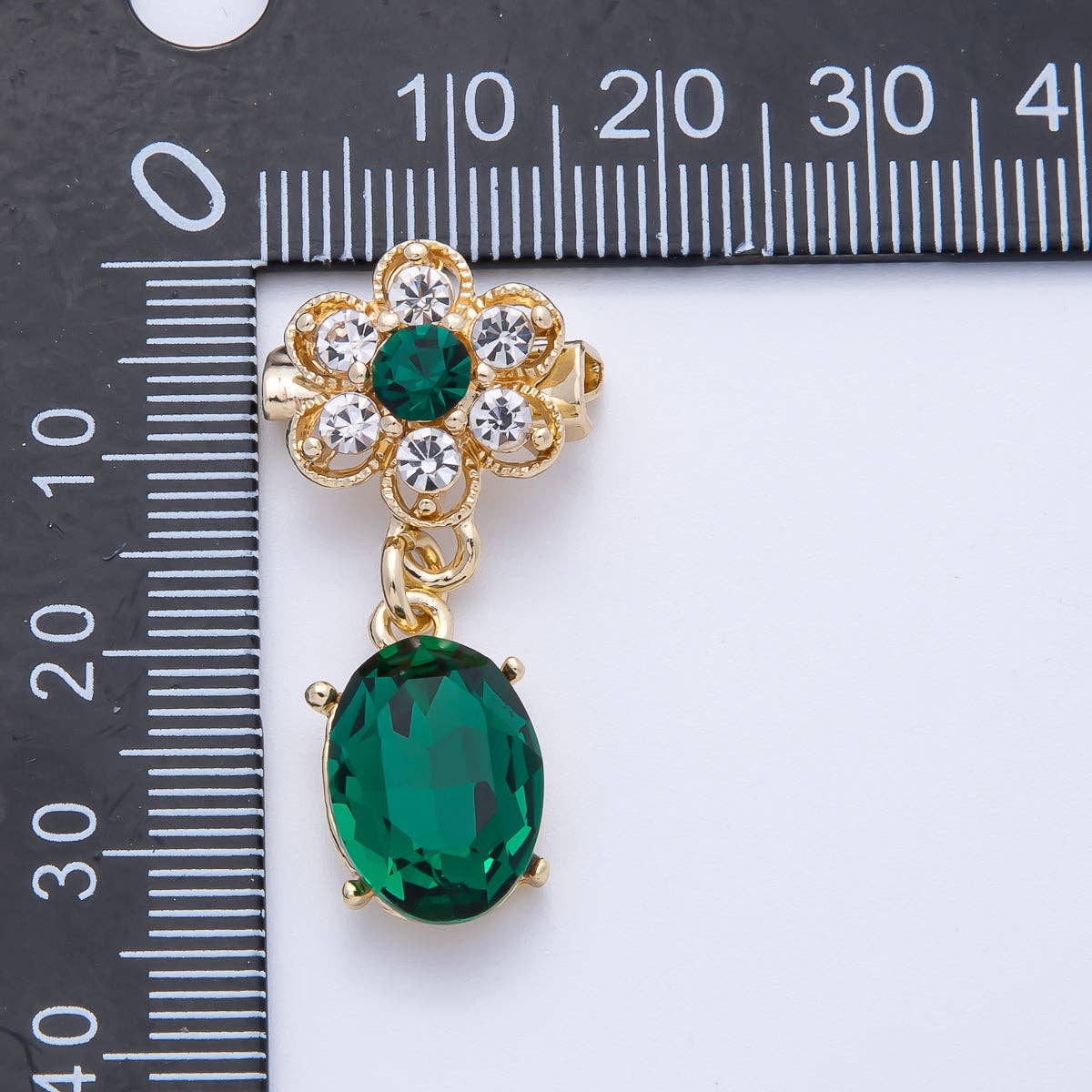 Gold 34.5mm x 15.3mm Green Oval Rhinestone Drop Flower Pin Brooch