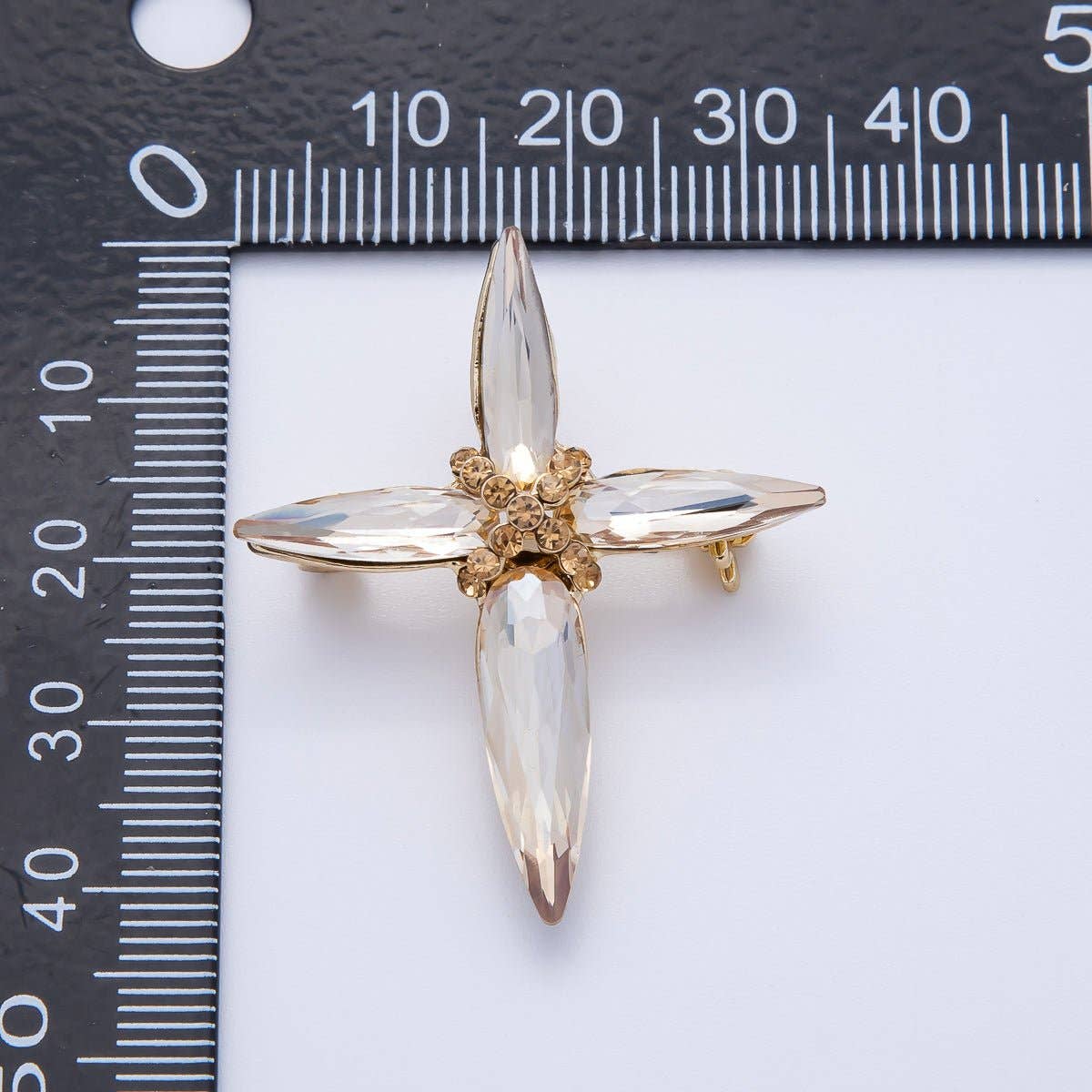Gold 39mm x 33mm Marquise Rhinestone Tied Cross Pin Brooch