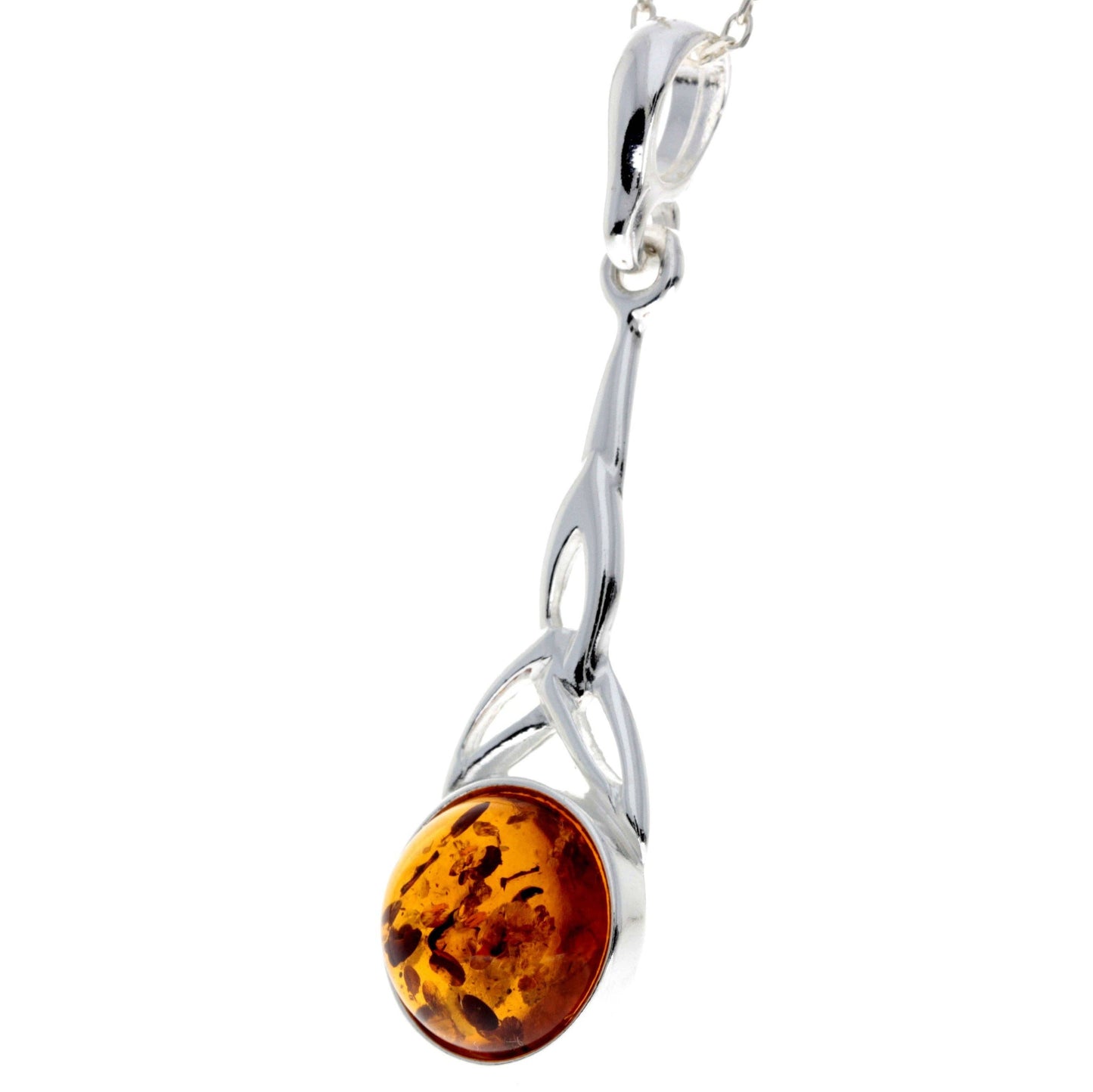 Long  925 Sterling Silver and Round Amber Celtic Pendant