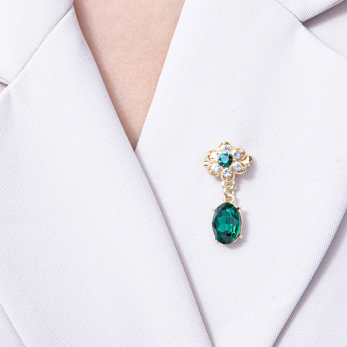 Gold 34.5mm x 15.3mm Green Oval Rhinestone Drop Flower Pin Brooch