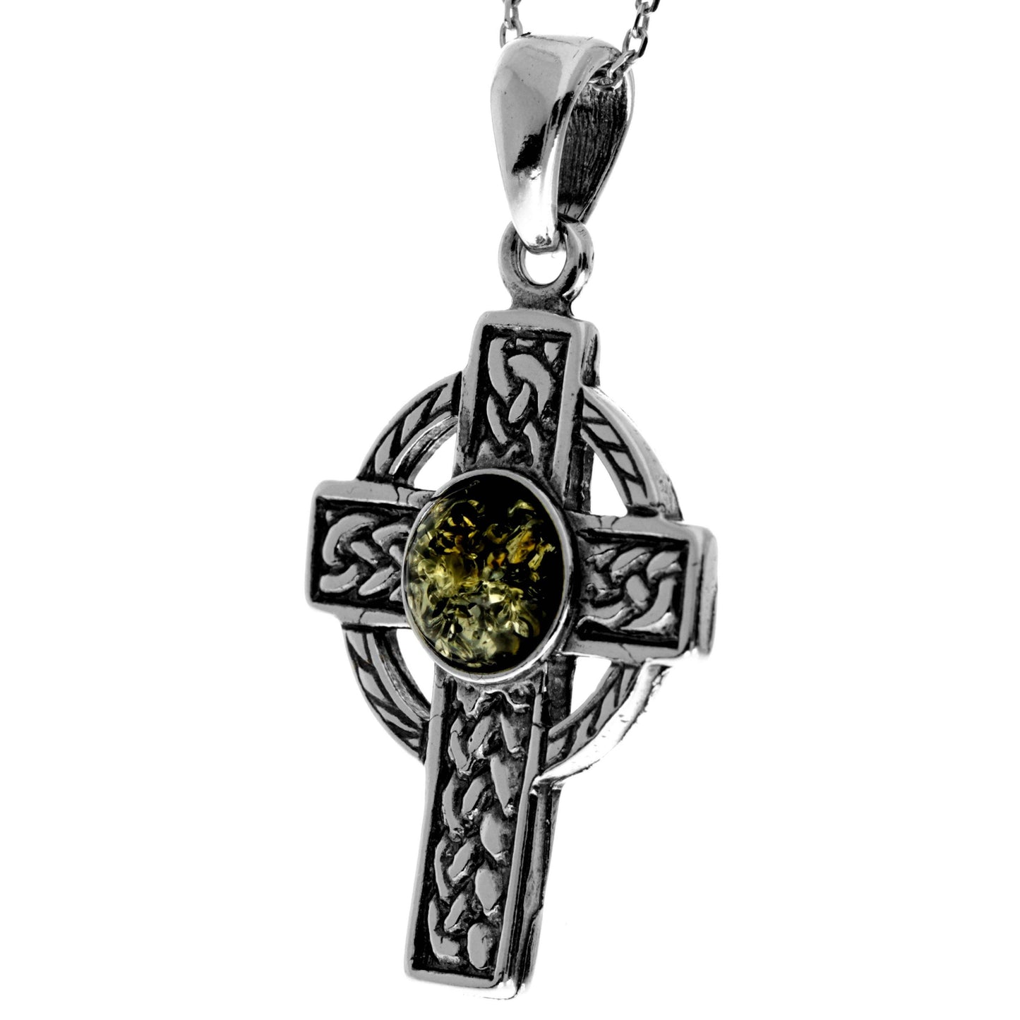 925 Sterling Silver & Baltic Amber Celtic Cross Pendant