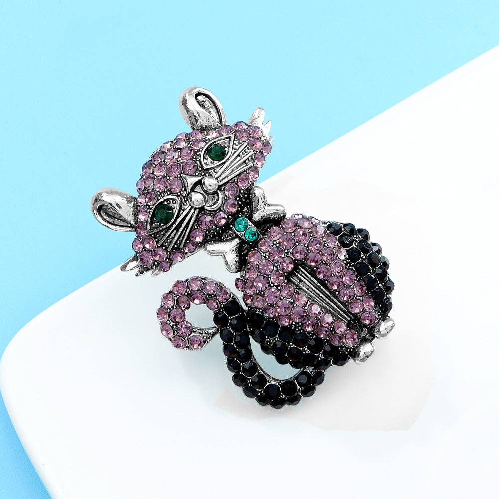 Rhinestone Bowknot Cat Brooch Pin