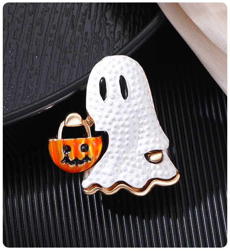 Enamel Ghost with Pumpkin Bucket Halloween Brooch Lapel Pin