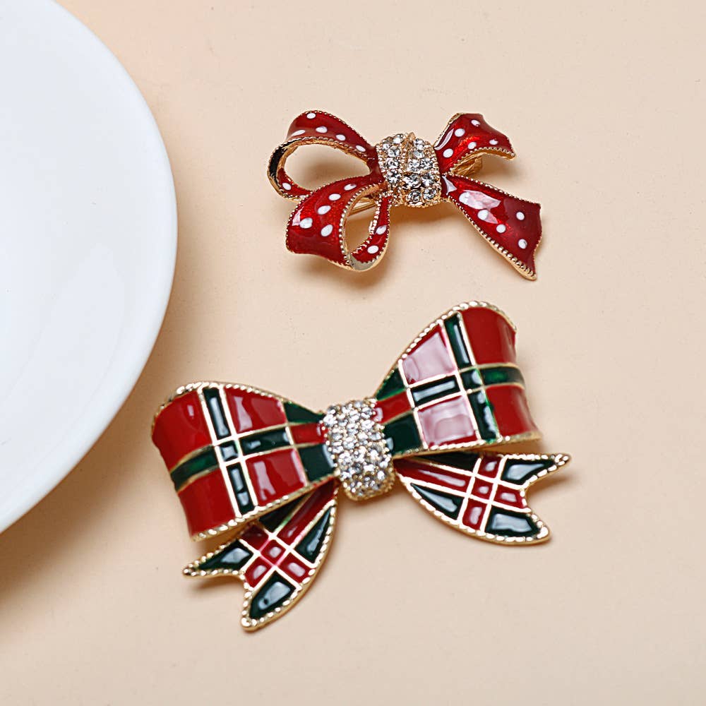 Christmas Bow Brooch, Polka Dot & Plaid Rhinestone Pins