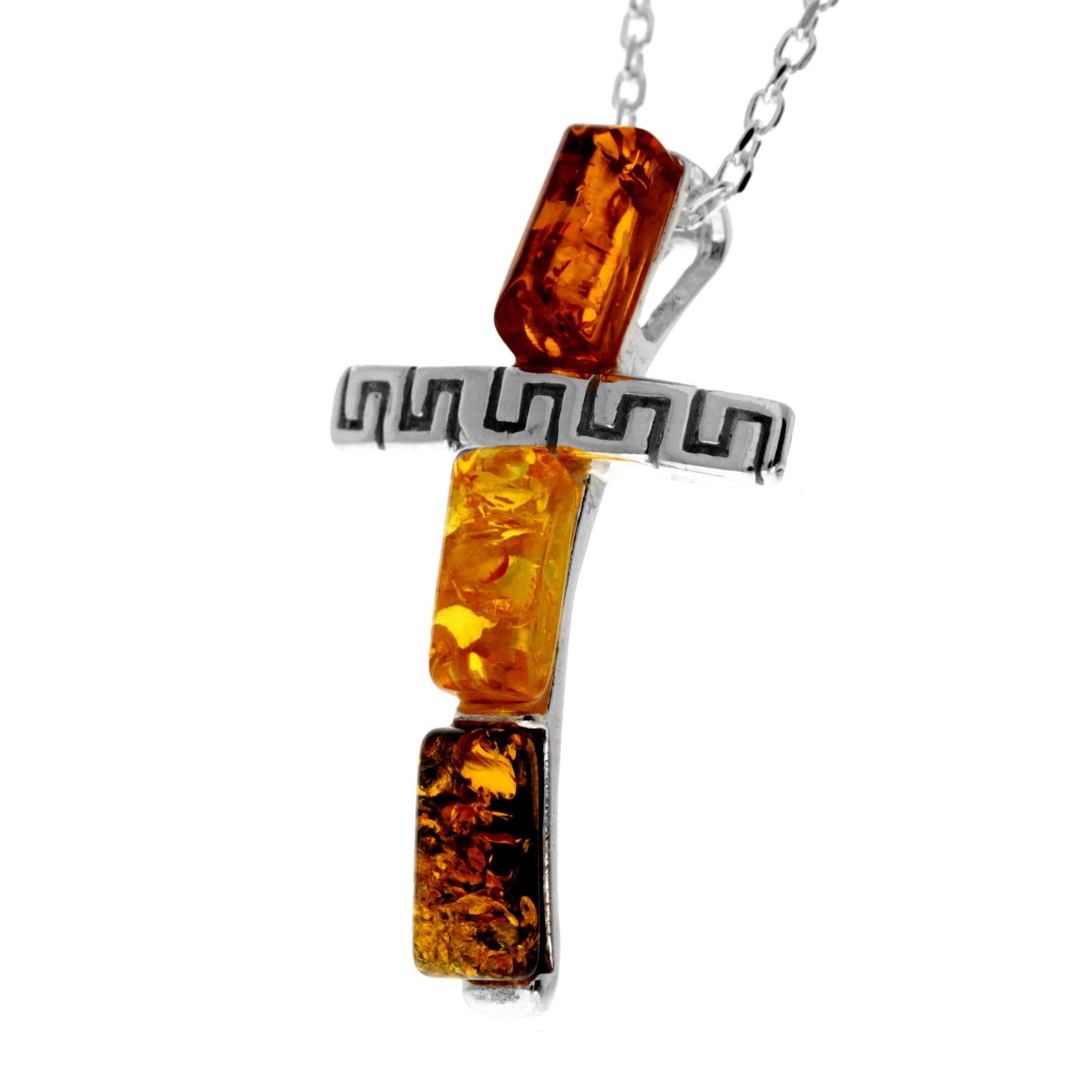925 Steling Silver & Genuine Baltic Amber Modern Cross Pendant