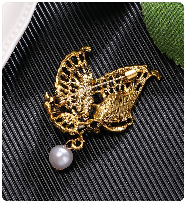 Butterfly Rhinestone Pearl Brooch Pin