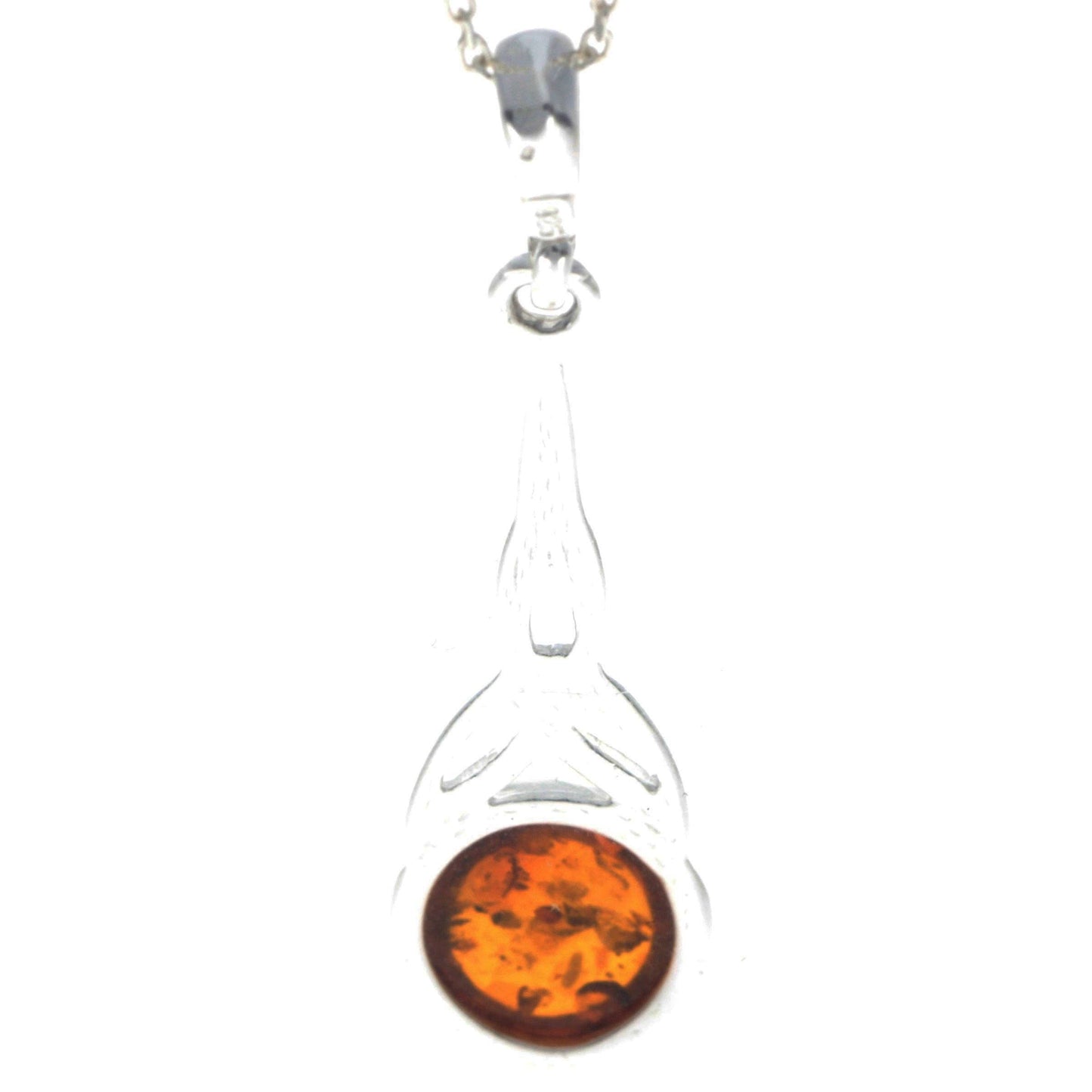 Long  925 Sterling Silver and Round Amber Celtic Pendant