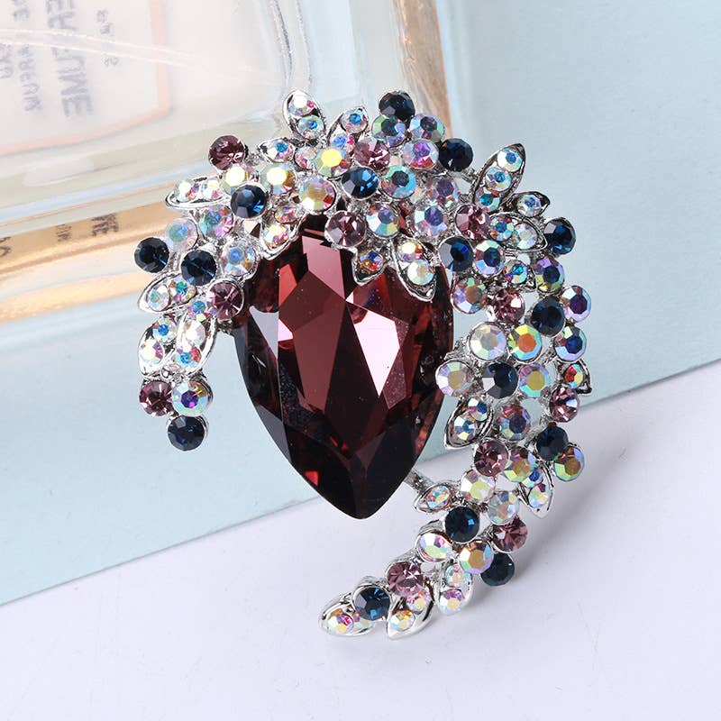 Rhinestone Jewel Flower Crescent Moon Brooch Pin