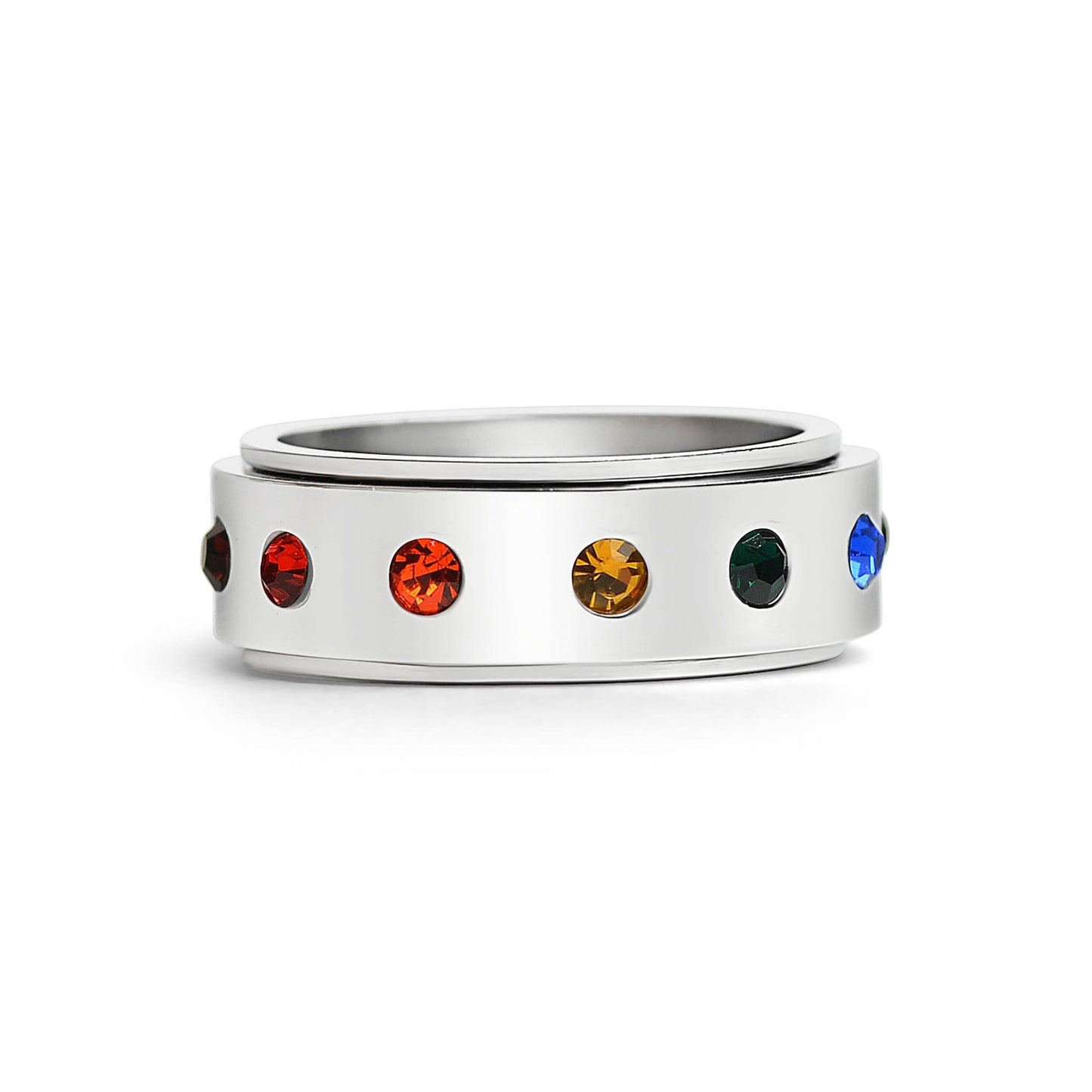Rainbow CZ Spinner St Stl Ring