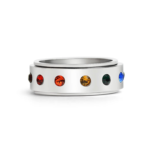 Rainbow CZ Spinner St Stl Ring
