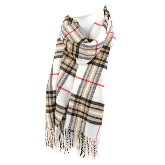 Plaid Cashmere Feel Winter Scarf Ivory Black and Red