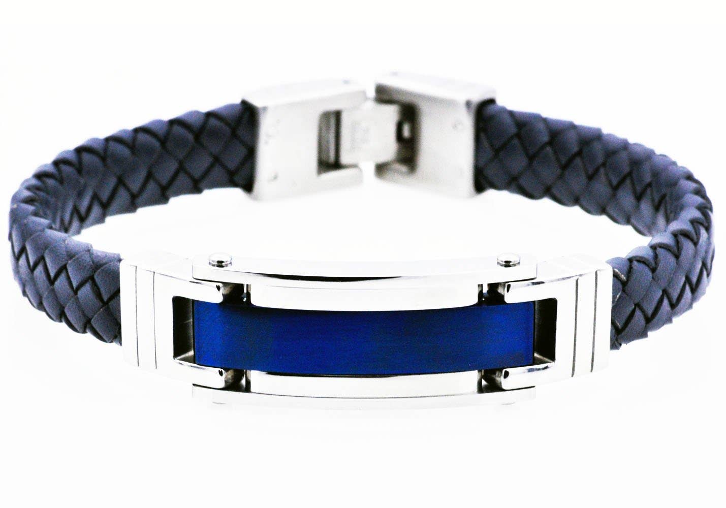 Men's Blue Stainless Steel Blue Leather Bracelet
